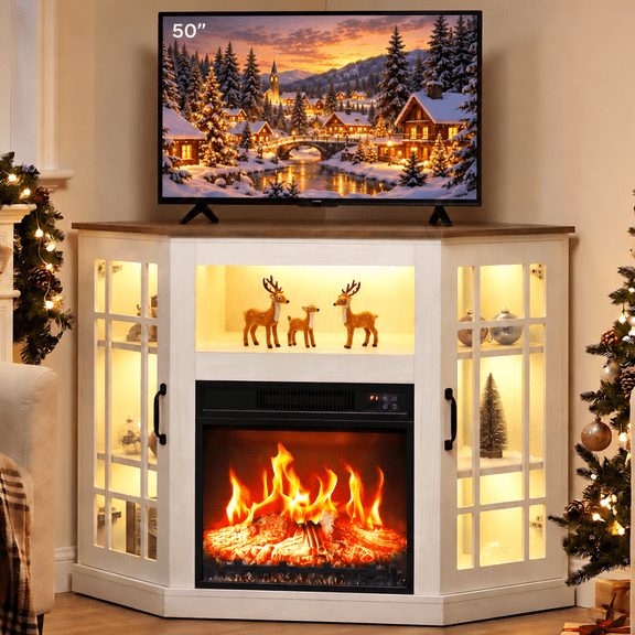 Ktaxon Corner TV Stand with Electric Fireplace for 32/40/43/50" TVs, 43" Freestanding Fireplace Console with 18" Heating Mantel for Living Room, Bedroom, Small Apartment, White & Brown