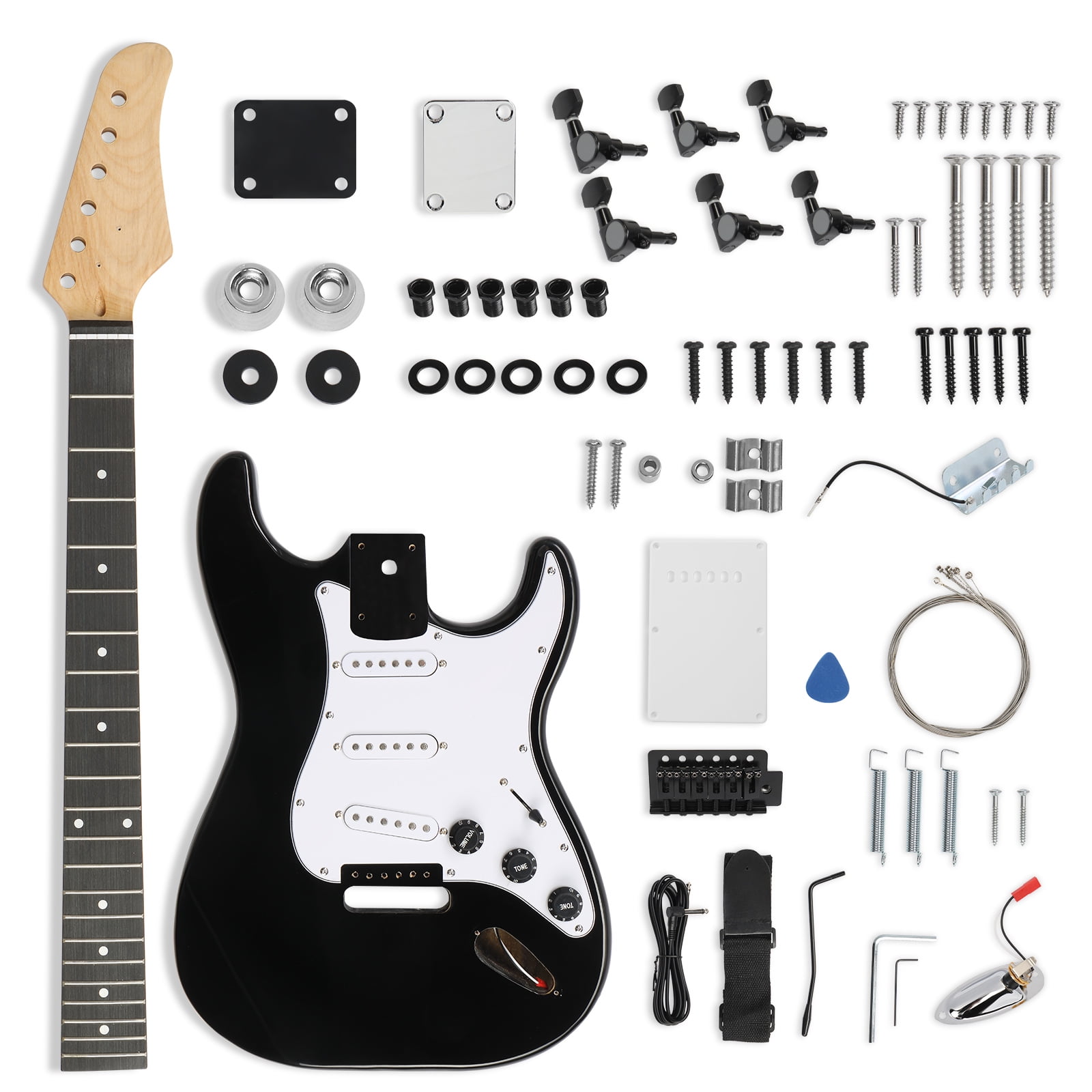 Ktaxon DIY Electric Guitar Kit, 6 String ST Style Electric Guitar Kits with Mahogany Body, Maple Neck and Accessories Black