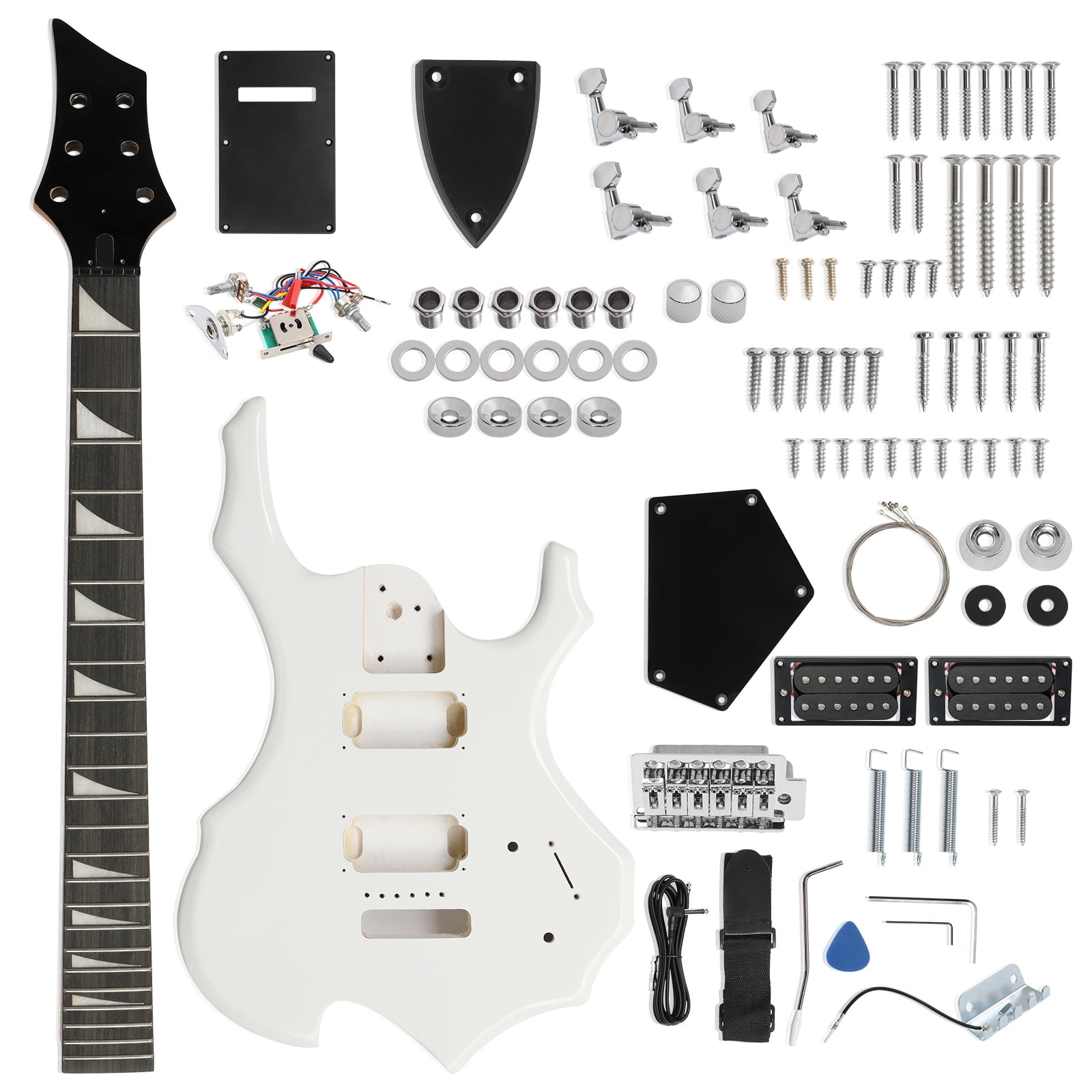 Ktaxon DIY Flame Shaped Electric Guitar Kits 6 String HSH  with Mahogany Body, Maple Neck and Accessories White