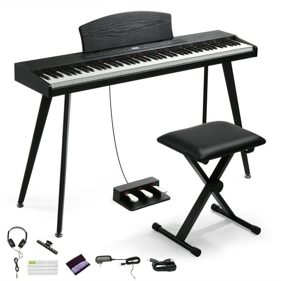 Ktaxon Digital Piano 88 Key Semi Weighted Keyboard with Foldable Bench for Beginners Triple Pedal, Black