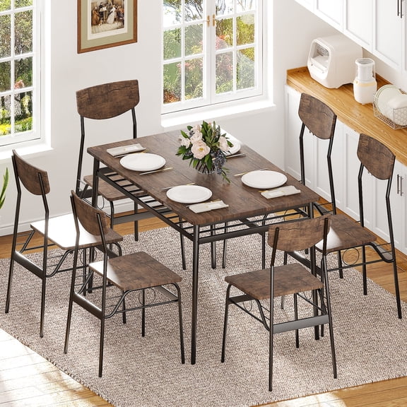 Ktaxon Dining Table Set for 4/6 with Storage Racks, Dining Room Table Set for 4/6 Modern Design, Kitchen Table and Chairs for Home Kitchen, Burnt Brown