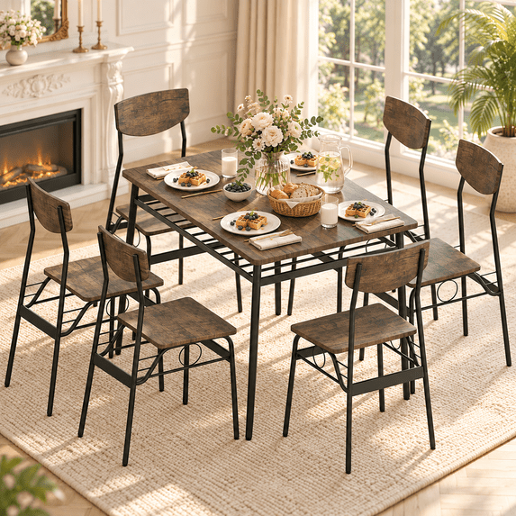 Ktaxon Dining Table Set for 4/6 with Storage Racks, Dining Room Table Set for 4/6 Modern Design, Kitchen Table and Chairs for Home Kitchen, Burnt Brown
