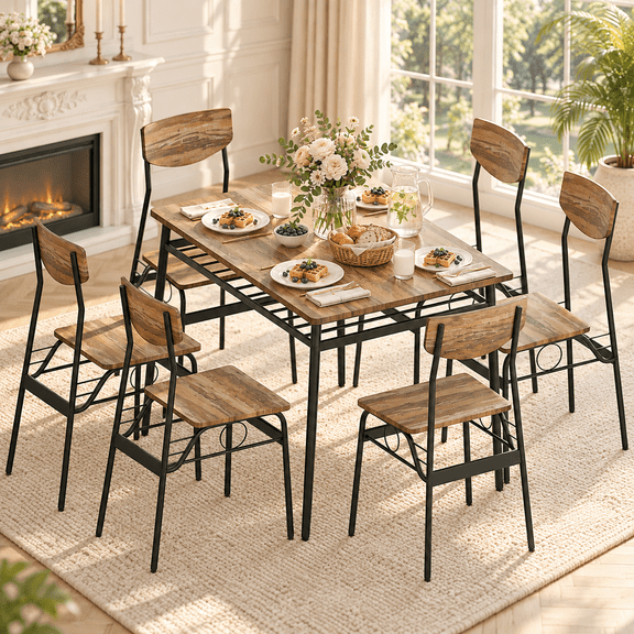 Ktaxon Dining Table Set for 4/6 with Storage Racks, Dining Room Table Set for 4/6 Modern Design, Kitchen Table and Chairs for Home Kitchen, Natural Wood