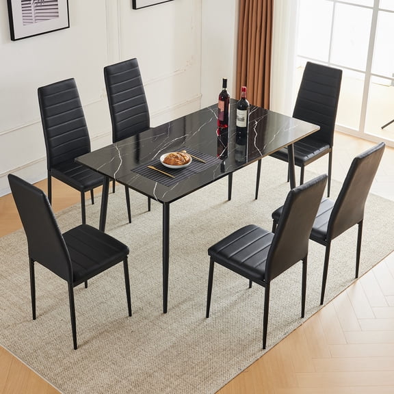 Ktaxon Dining Table Set for 6, Modern Dining Set with Padded Chairs, 55" Faux Marble Dining Room Table Set for Home, Kitchen, Restaurant, Dining Room, Black