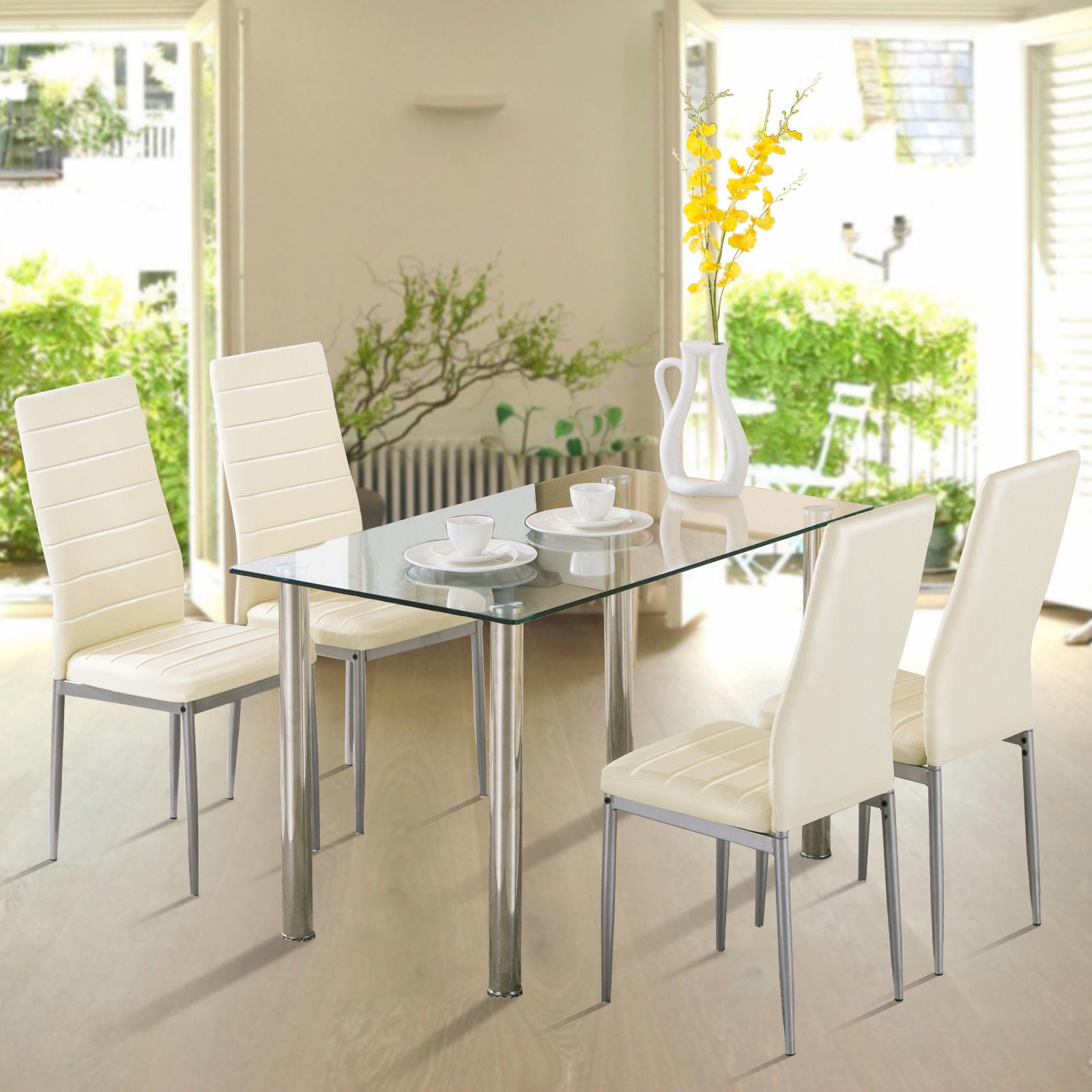 Ktaxon 5pc Dining Set Glass Top Table 4 Leather Chairs for Small Dining Room White Walmart