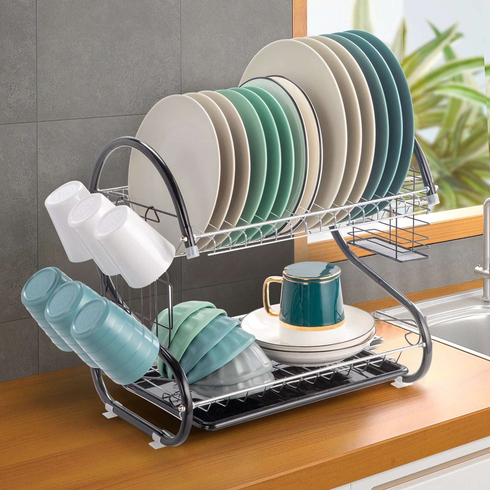 Yoneston Dish Drying Rack, 2-Tier Dish Drying Rack with Water Tray, Utensil  Holder, Cutting Board Holder for Small Space Kitchen Counter or Sink Side