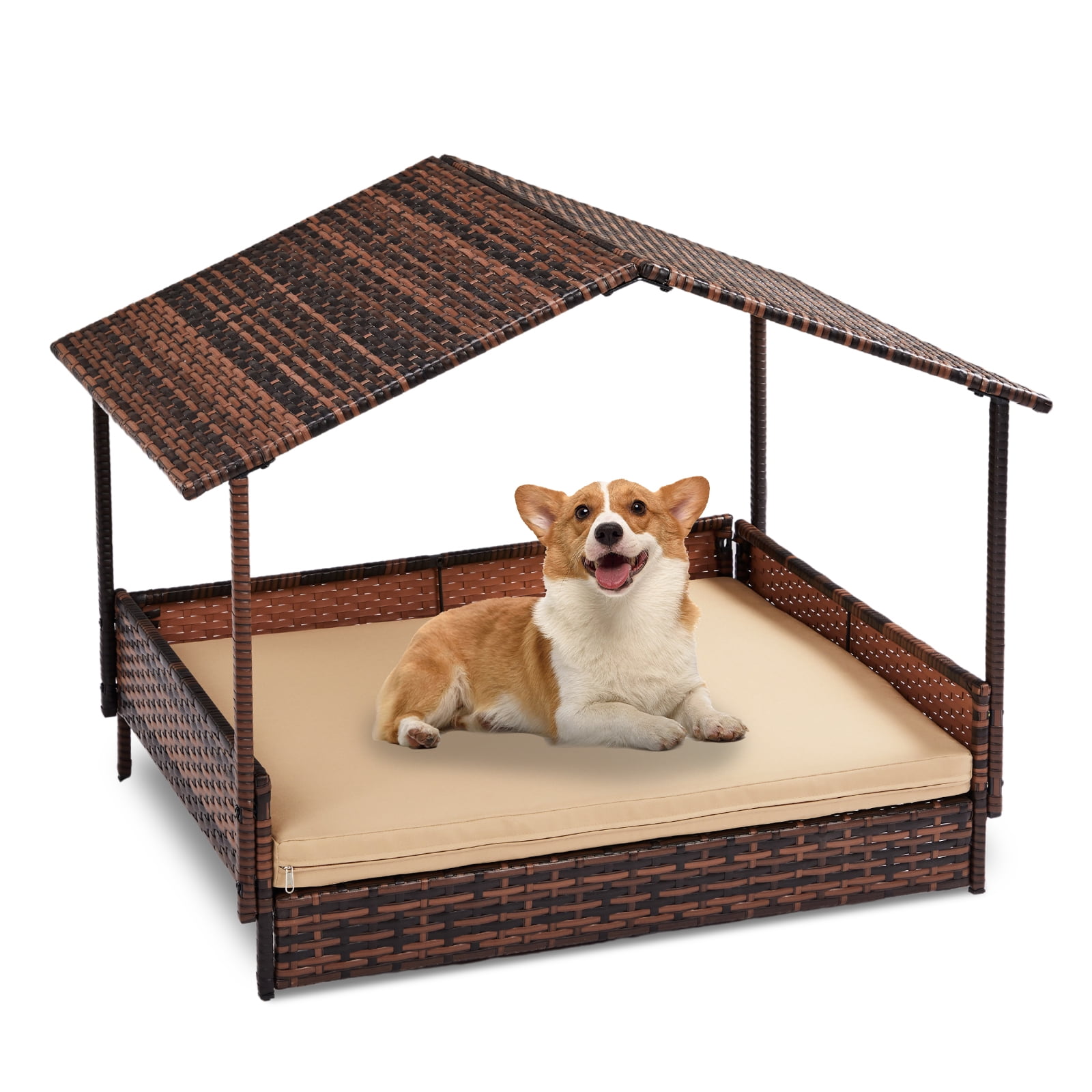 Ktaxon Dog House, Wicker Dog House, Elevated Rattan Dog Bed with ... - Rattan Dog House With Netting