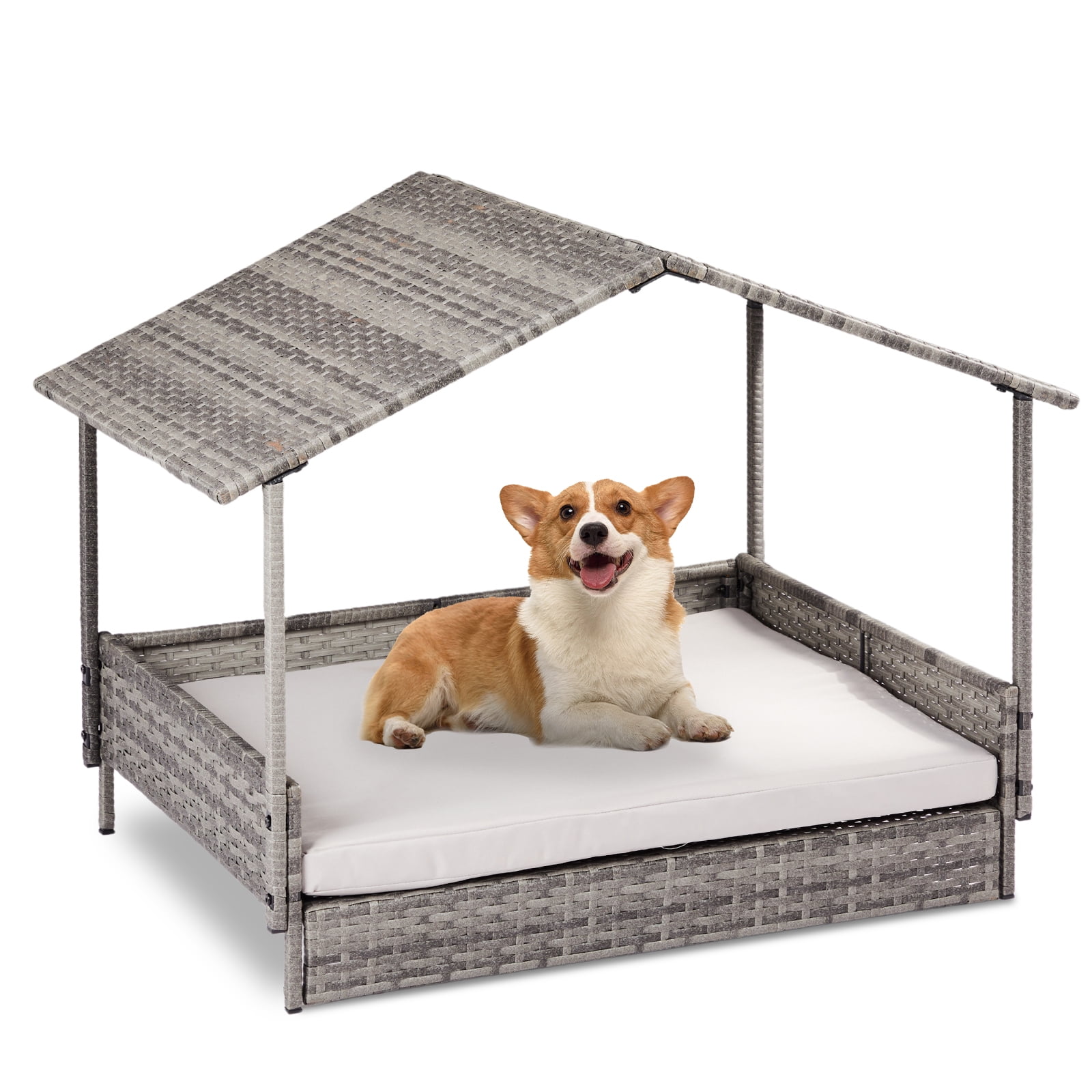 View of Ktaxon Dog House, Wicker Dog House, Elevated Rattan Dog Bed with ...