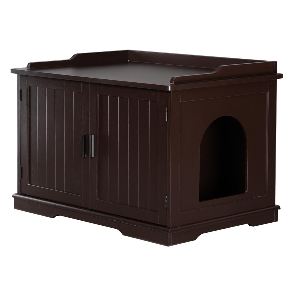 Ktaxon Double-Door Wooden Cat Litter Box Enclosure Cabinet, Indoor Hidden Pet Crate Cat House Bench, Brown