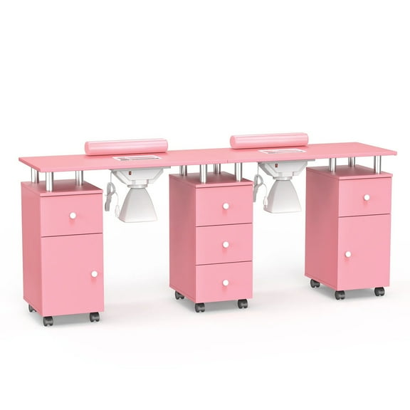 Ktaxon Double Nail Desk with Electric Dust Collectors, 5 Drawers, 2 Cabinets, Pink