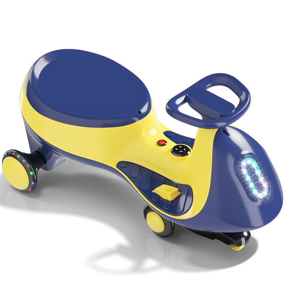 Ktaxon Electric Wiggle Car with Pedal for Kids, 2 Speed Ride-On Car Toy, 12V Rechargeable Battery, Anti-Rollover, Flashing Wheels, Bluetooth, Colorful lights, for Ages 3+, Blue Yellow