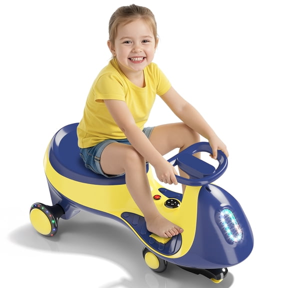 UBesGoo 12V Electric Wiggle Car with Pedal, 2 Speed, LED Lights and Bluetooth, Powered Ride On Car for Kids, Aged 3+, Blue Yellow