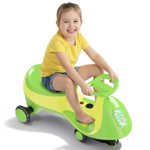 UBesGoo 12V Electric Wiggle Car with Pedal, 2 Speed, LED Lights and Bluetooth, Powered Ride On Car for Kids, Aged 3+, Green Yellow
