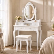 Ktaxon 2-1 Elegance White Dressing Table Vanity Table and Stool Set Wood Makeup Desk with 4 Drawers & Mirror