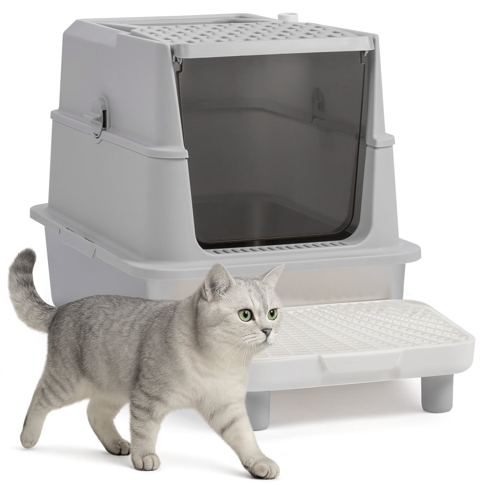 Ktaxon Enclosed Cat Litter Box - Stainless Steel Large (60x40x46cm) with Scoop & Mat, Odor Control, Grey