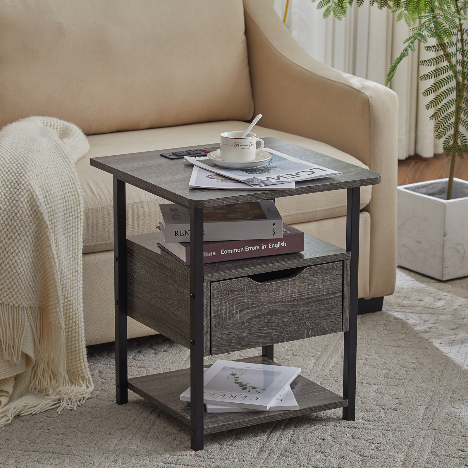 Ktaxon End Table with Charging Station, Side Table and Nightstand with ...