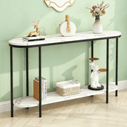 Ktaxon Modern Entryway Table 2 Tier for Entrance, Oval Sofa Coffee Desk Home Furniture with Storage Shelves, Display TV Table Metal Frame & Faux Marble Tabletop