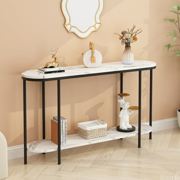 Ktaxon Entryway Table 2 Tier for Entrance, Sofa Coffee Desk Home Furniture with Storage Shelves, Metal Artificial Marble Black & White