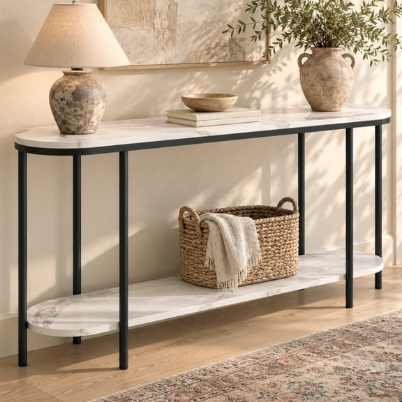 Ktaxon Modern Entryway Table, 42.1" Oval Sofa Table with Storage Shelves, Elegant Display TV Table for Living Room, Home, Aparment, Black & White