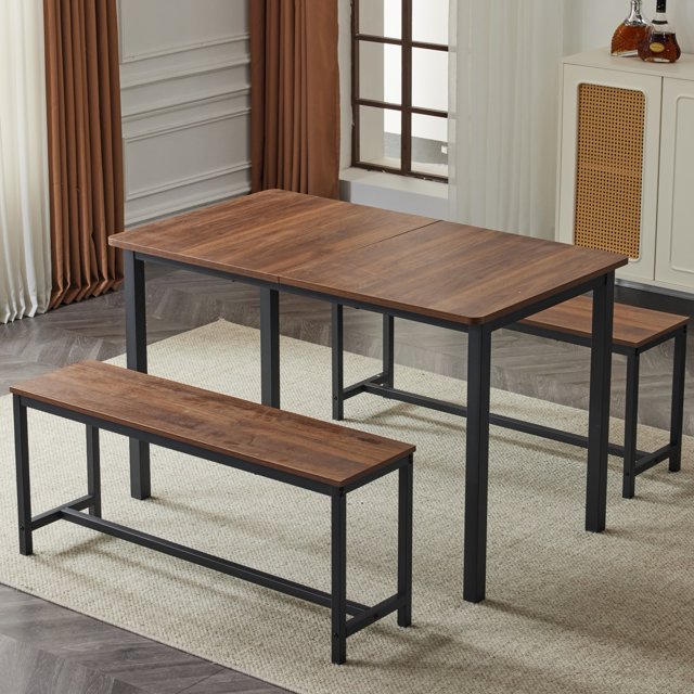 Ktaxon Extendable Dinner Table Set for 4 Dining Room Table Set Rectangle Kichen Table with 2 Benches 63" W Walnut