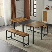 Ktaxon Extendable Dinner Table for 6 Dining Room Table Set Rectangle Kichen Table with Two Benches 63" W Fire Wood and Black