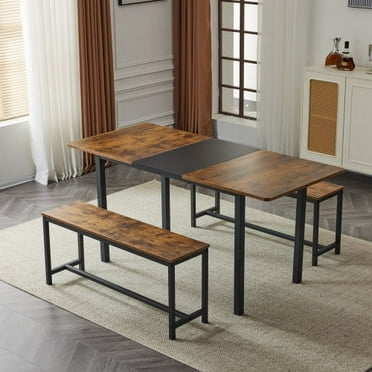 Ktaxon Extendable Dinner Table for 6 Dining Room Table Set Rectangle Kichen Table with Two Benches 63" W Fire Wood and Black