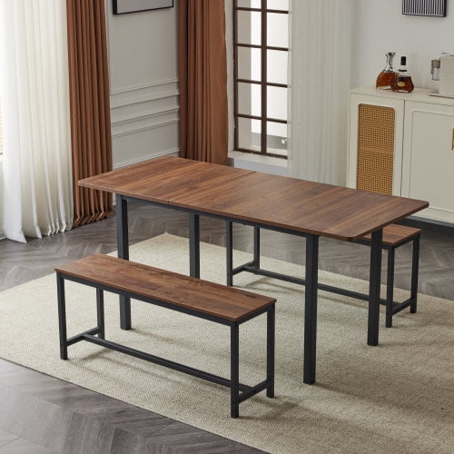 Ktaxon Extendable Dinner Table for 6 Dining Room Table Set Rectangle Kichen Table with Two Benches 63" W Walnut