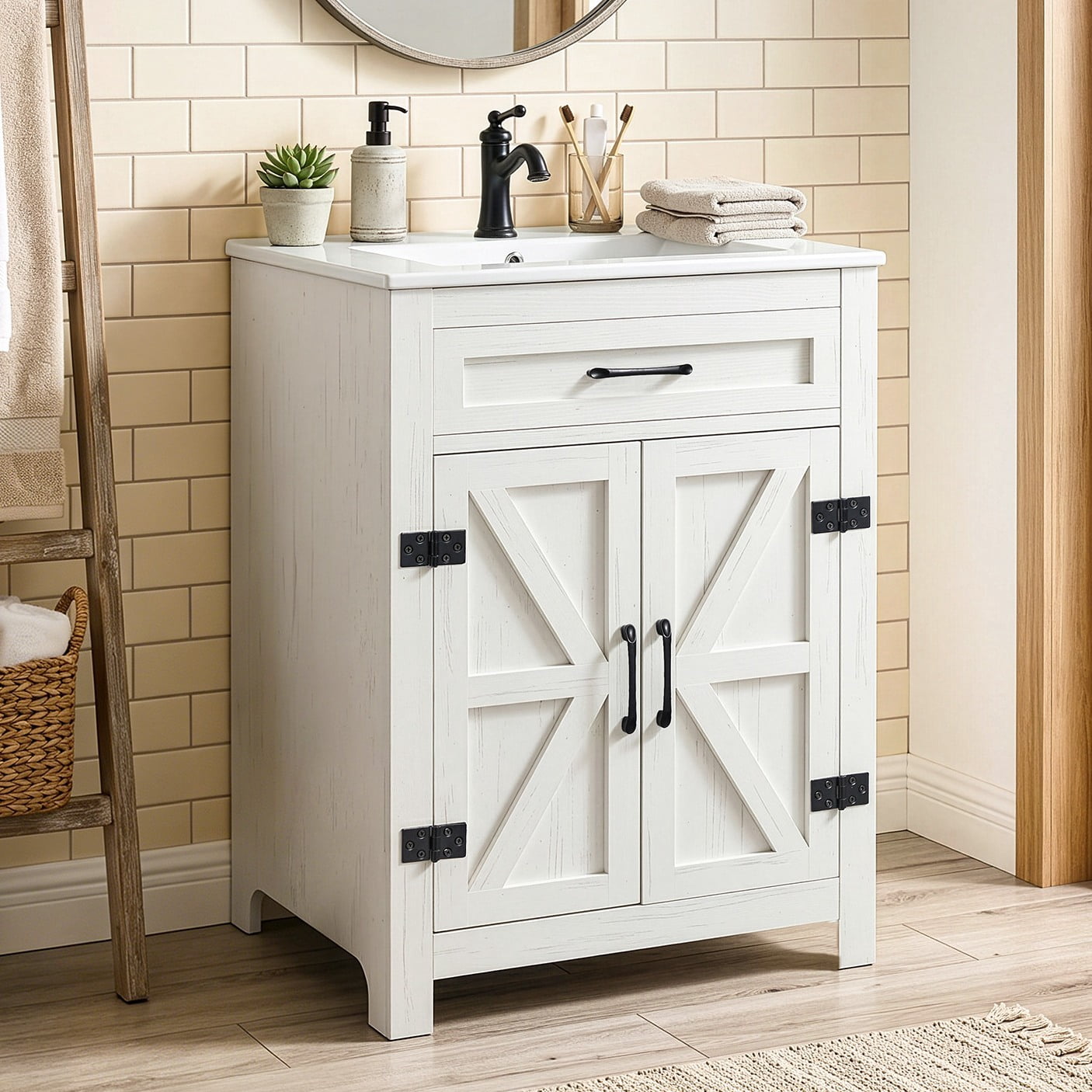 Ktaxon Farmhouse 24'' Bathroom Vanity Cabinet without Sink Ceramic Top, Washed White (Only Cabinet)