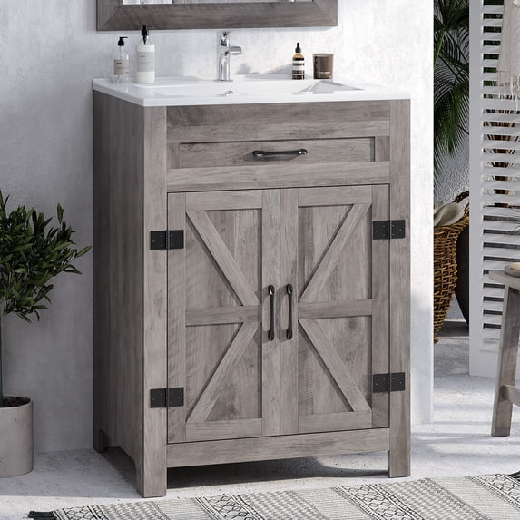Ktaxon Farmhouse 24'' Bathroom Vanity Cabinet without Sink Ceramic Top, Washed Grey (Only Cabinet)