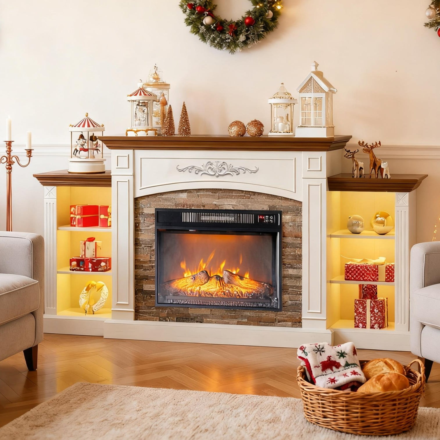 Ktaxon Farmhouse TV Stand with Fireplace, 70in Entertainment Center with 23in Electric Fireplace & LED TV Table for 55/60/65/70" TVs with Open Storage, Brown, White