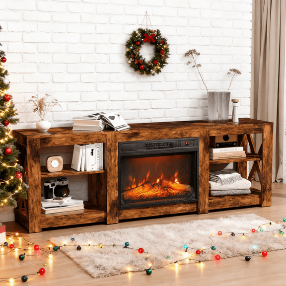 Ktaxon Farmhouse 70in Entertainment Center with 23in Fireplace TV Stand Table for 60/65/70/75" TVs with Open Storage, Rustic Brown