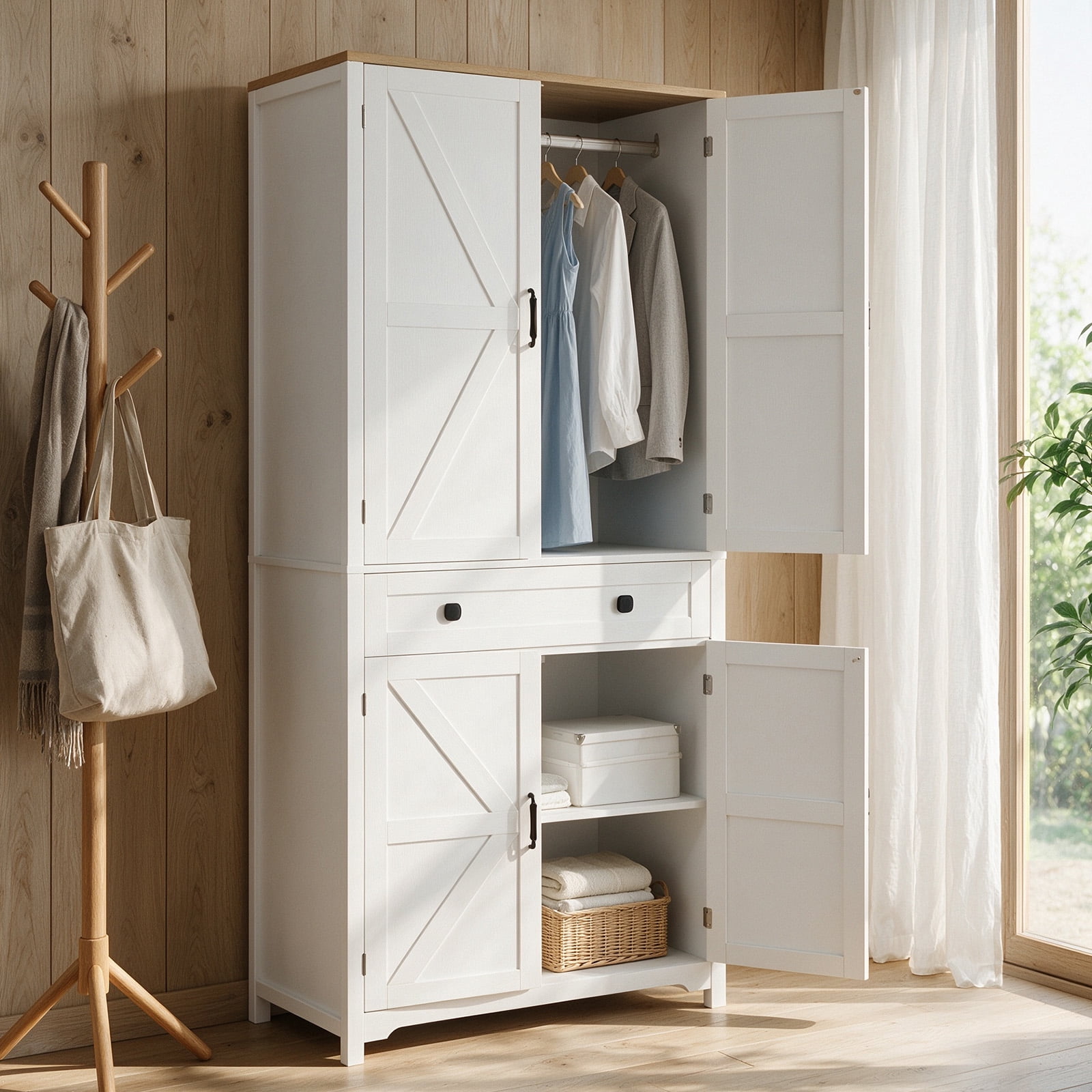 Ktaxon Fluted Wardrobe Closet Armoire with Hanging Rod Drawer
