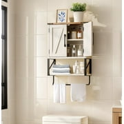 Ktaxon Farmhouse Bathroom Wall Cabinet, Wall Mounted Organizer 2 Doors, 1 Shelf, 1 Towel Bar and Iron Parts, Washed - white & Walnut