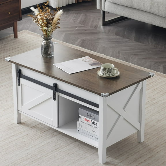 Ktaxon Farmhouse Coffee Table with Lift Top, 36" Antique Coffee Table with Storage Sliding Bar Door Television Cabinet for Small Space, Rustic Oak & White