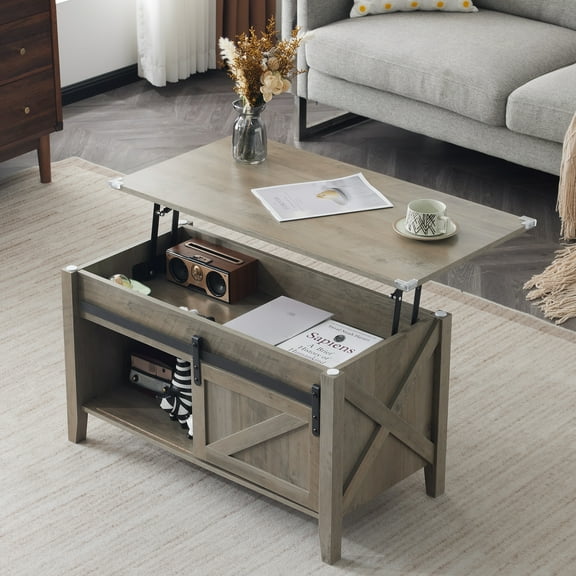 Ktaxon Farmhouse Coffee Table with Lift Top, 36" Antique Coffee Table with Storage Sliding Bar Door Television Cabinet for Small Space, Rustic Gray