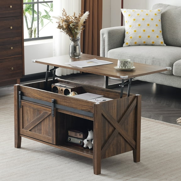 Ktaxon Farmhouse Coffee Table with Lift Top, 36" Antique Coffee Table with Storage Sliding Bar Door Television Cabinet for Small Space, Whisky Brown