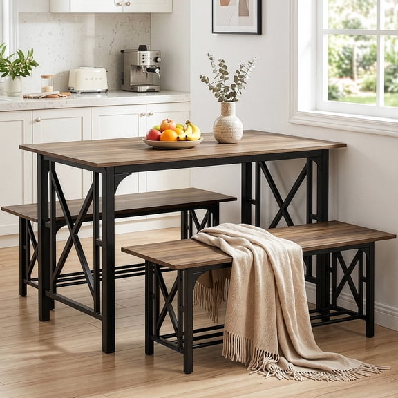 Ktaxon Farmhouse Dining Table Set for 4, 47.2" Rectangle Dining Table with 2 Benches, Modern Rectangle Dining Set 3 Pieces for Small Spaces, Apartment Friendly, Black Oak