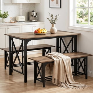 Ktaxon Farmhouse Dining Table Set for 4, 47.2" Rectangle Dining Table with 2 Benches, Modern Rectangle Dining Set 3 Pieces for Small Spaces, Apartment Friendly, Black Oak