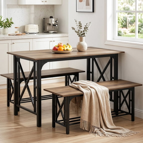 Ktaxon Farmhouse Dining Table Set for 4, 47.2" Rectangle Dining Table with 2 Benches, Modern Rectangle Dining Set 3 Pieces for Small Spaces, Apartment Friendly, Black Oak