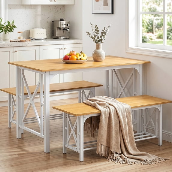 Ktaxon Farmhouse Dining Table Set for 4, 47.2" Rectangle Dining Table with 2 Benches, Modern Rectangle Dining Set 3 Pieces for Small Spaces, Apartment Friendly, White Natural