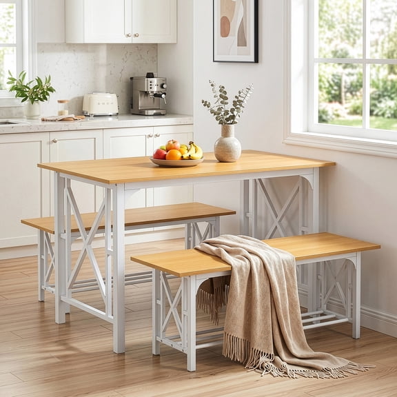 Ktaxon Farmhouse Dining Table Set for 4, 47.2" Rectangle Dining Table with 2 Benches, Modern Rectangle Dining Set 3 Pieces for Small Spaces, Apartment Friendly, White Natural
