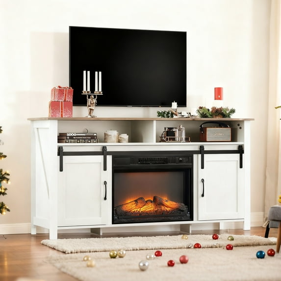 Ktaxon Farmhouse TV Stand with 23in Fireplace, Modern Entertainment Center Media Console Table for 55/60/65" TVs with Sliding Barn Doors, Washed White