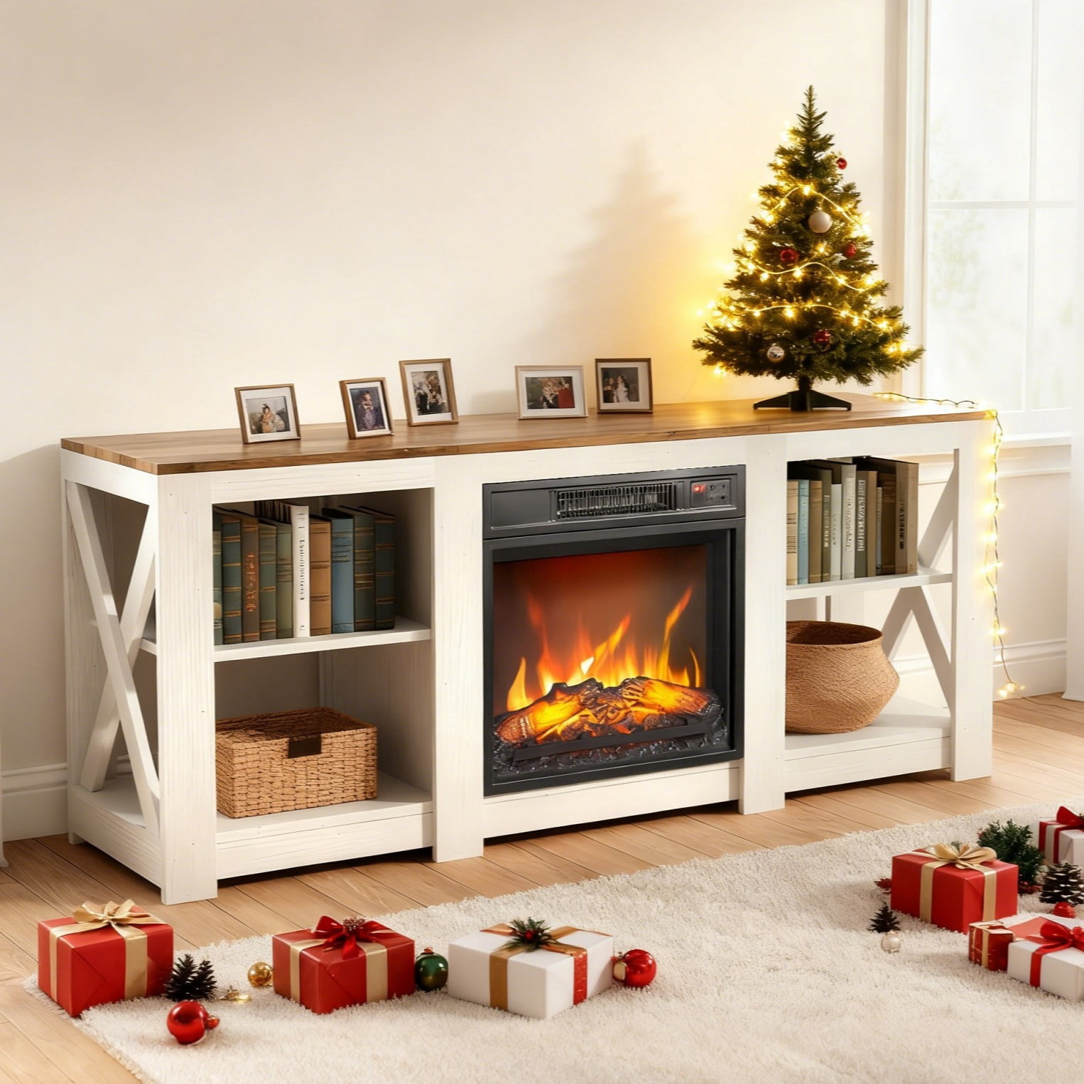 Ktaxon Farmhouse TV Stand with 18in Fireplace, Modern Entertainment Center TV Stand Display Table for 55/60/65" TVs with Open Storage, Off White