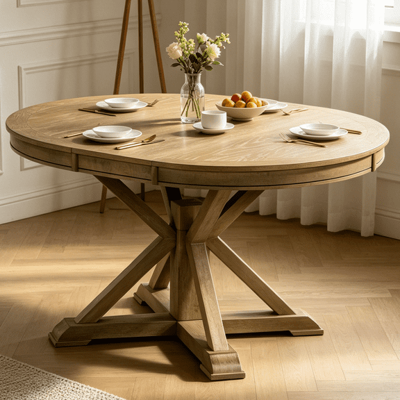 Ktaxon Farmhouse Extendable Dining Table for 4, Round Solid Wood Kitchen Table 42"~54" Mid-Century Dining Room Table Furniture for Home, Kitchen, Cross Leg Base, Seats 4-6, Walnut