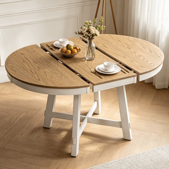 Ktaxon Farmhouse Extendable Dining Table for 4, Round Solid Wood Kitchen Table 42"~58" Mid-Century Dining Room Table Furniture for Home, Kitchen, Cross Leg Base, Seats 4-6, Oak & Off-White