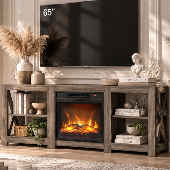 Ktaxon Farmhouse Fireplace TV Stand with 4 Open Shelves, Mid-Century Entertainment Center with 18in Electric Heater Mantel for up to 65" TVs, Gray