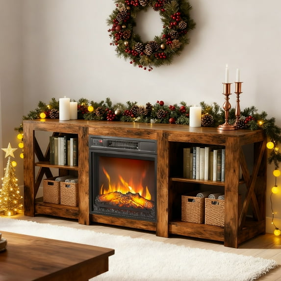 Ktaxon Farmhouse Fireplace TV Stand, Mid-Century Entertainment Center with 18in electric Heater Mantel for up to 65" TVs, Rustic Brown