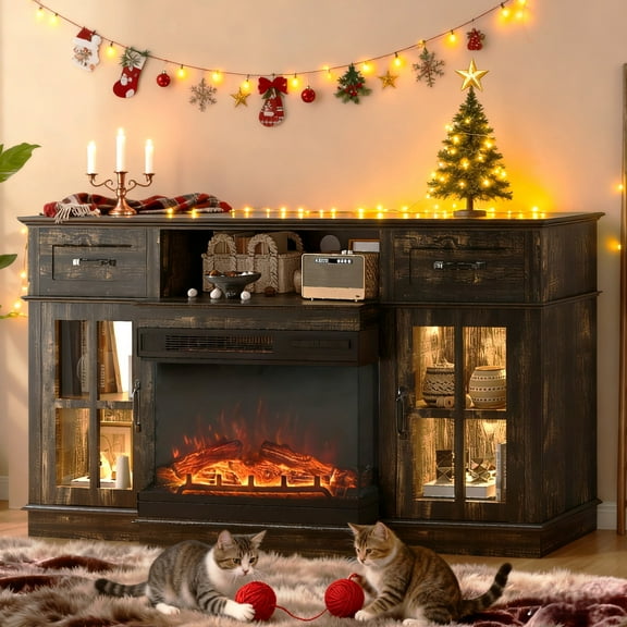 Ktaxon Farmhouse Fireplace TV Stand with 24" Electric Heating Mantel, 58in Fireplace Entertainment Center for 55/60/65" TVs, Rustic Black
