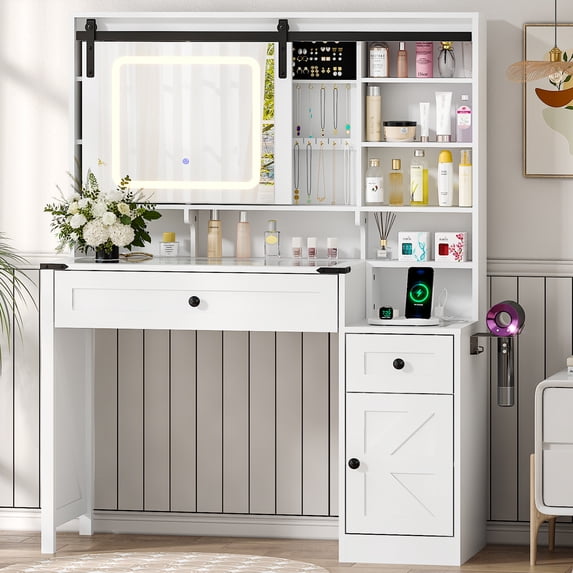 Ktaxon Farmhouse Makeup Vanity with Sliding Barn Door, Vanity Table Set w/ Lighted Mirror, White