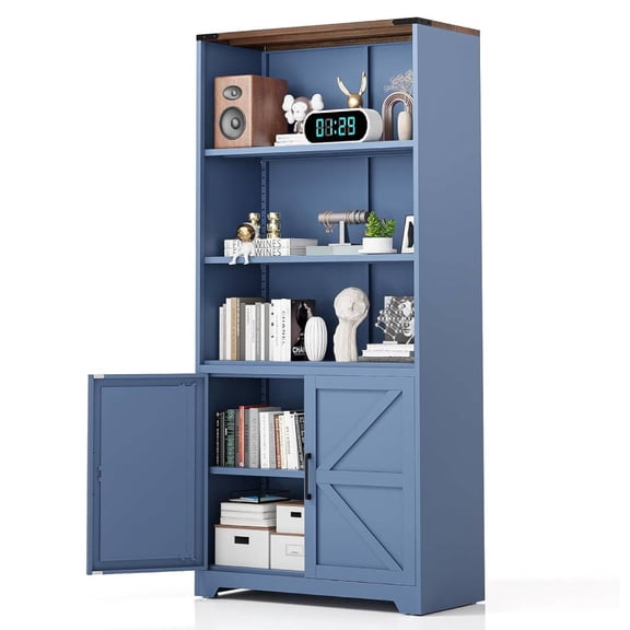 Ktaxon Farmhouse Metal Bookshelf with Barn Doors, 70" Tall Steel Bookcase w/ Open Display Shelves & Adjustable Shelves, Blue Cabinet for Office Pantry